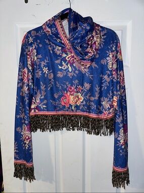 Floral Cropped Fringe Hoodie - Blue with Pink & Cream Flowers